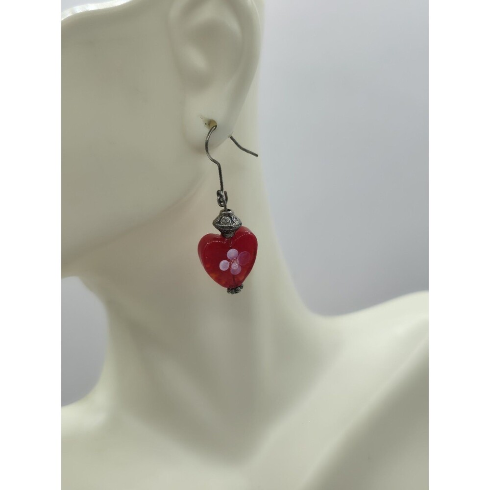 Heart Red/White Floral Dangle Drop Hook Earrings Silvertone 1 1/2"